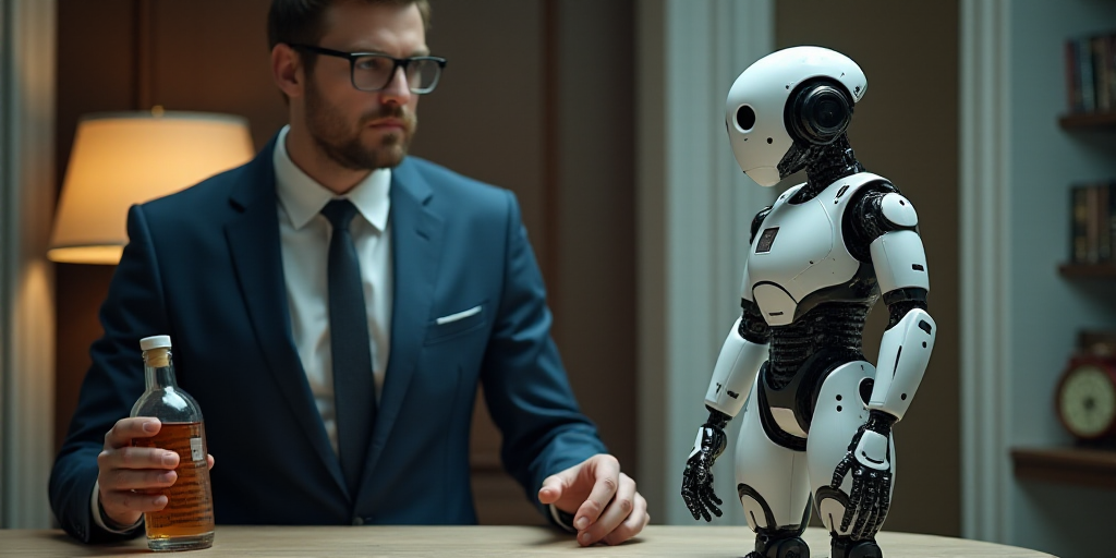 a man in a suit and glasses standing in a room with a robot on the table and a bottle of liquid in h