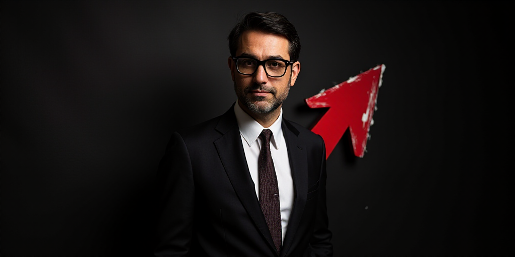 a man in a suit and glasses standing in front of a black backdrop with a red and white arrow, Carlo