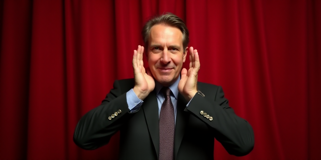 a man in a suit and tie clapping his hands up to the side of his face while standing in front of a r