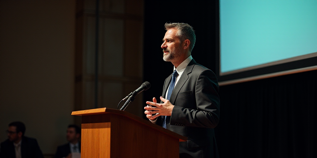 a man in a suit and tie giving a speech at a podium with a projector screen behind him, david rubín