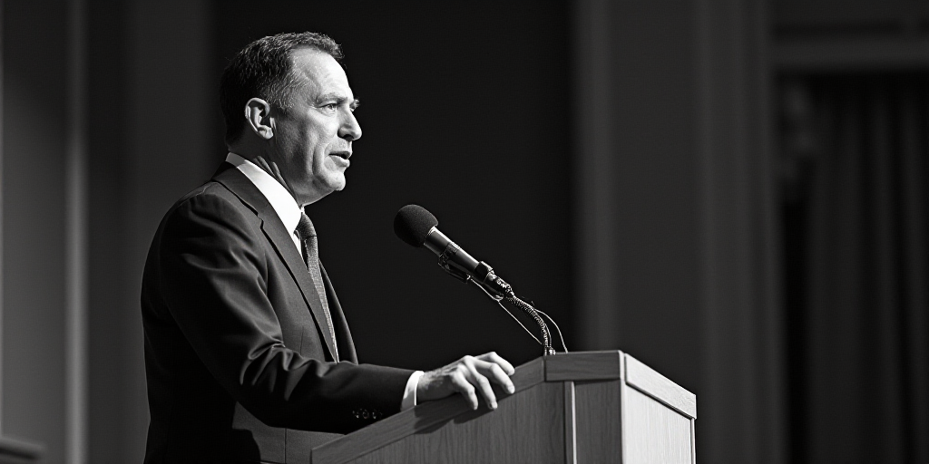 a man in a suit and tie giving a speech at a podium with a microphone in front of him, david rubín,