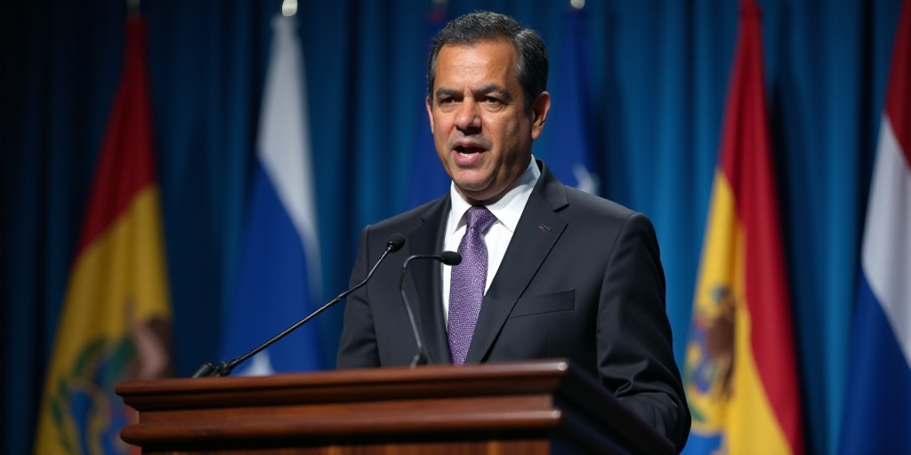 a man in a suit and tie giving a speech at a podium with flags behind him and a microphone in front