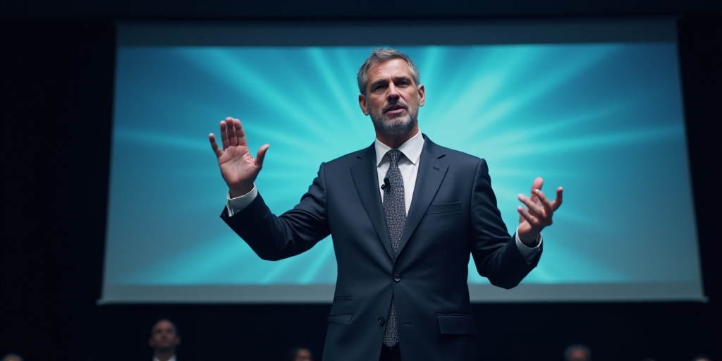 a man in a suit and tie giving a speech with his hands up in the air and a large screen behind him,