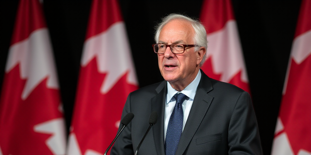 a man in a suit and tie giving a speech in front of canadian flags and a canadian flag behind him, B