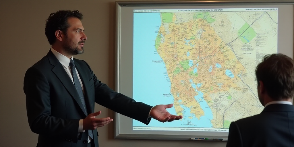 a man in a suit and tie giving a presentation on a map of the city of san francisco, california, Fed