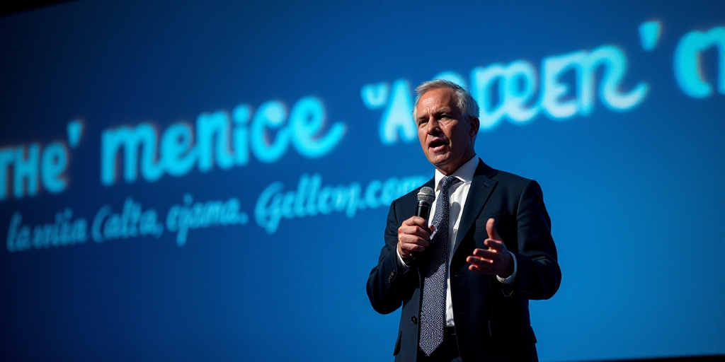 a man in a suit and tie holding a microphone in front of a screen with words on it and a blue backgr