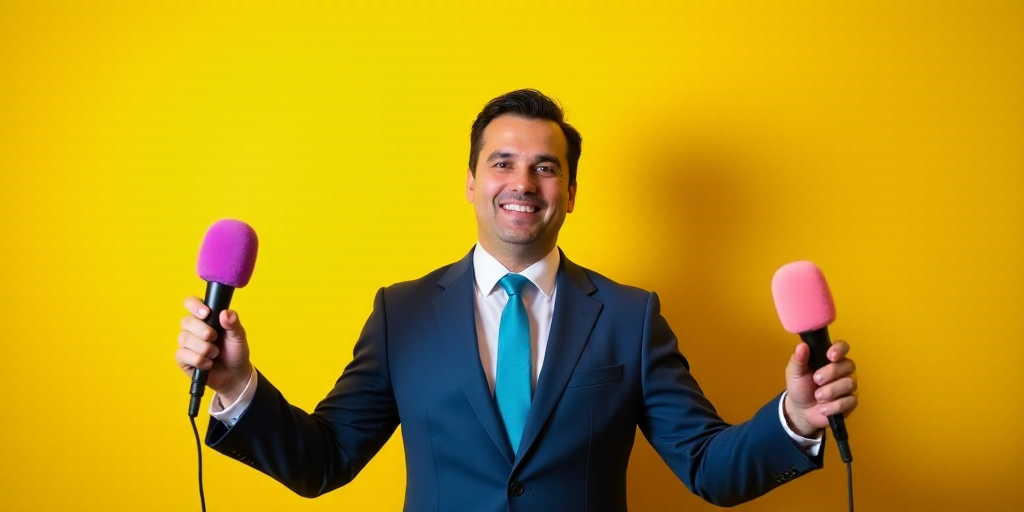 a man in a suit and tie holding microphones in front of a yellow wall with a man in a suit and tie,