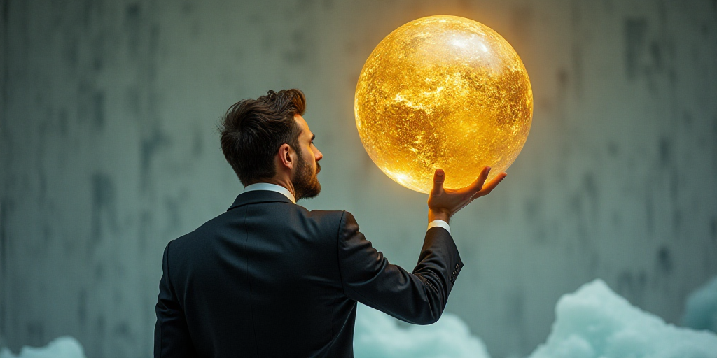 a man in a suit and tie holding up a large golden ball in front of a wall of stock, Andries Stock, i
