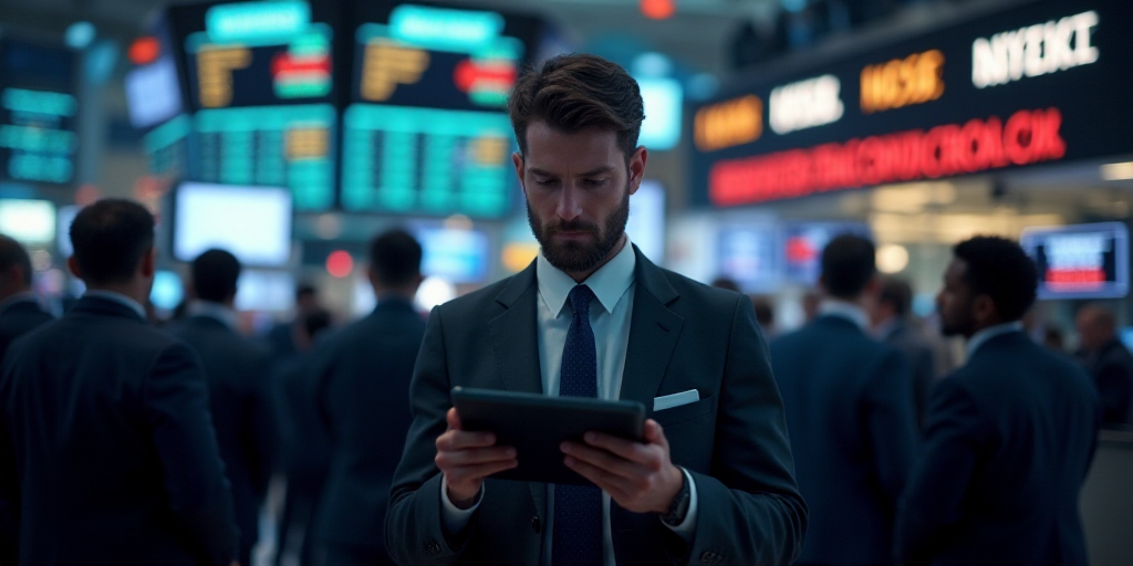 a man in a suit and tie holding a tablet in front of a crowd of people in a stock market, Andries St