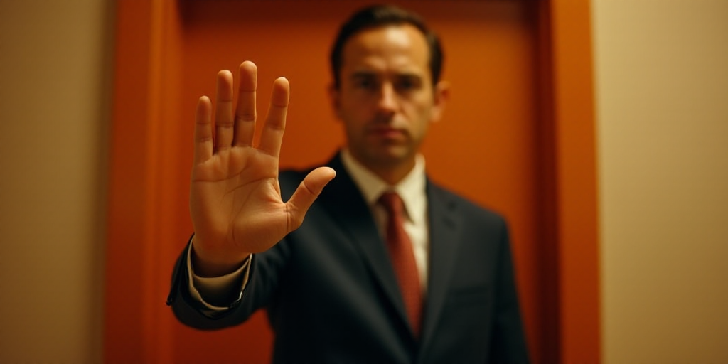a man in a suit and tie is holding his hand up to the camera while standing in front of a door, Dona