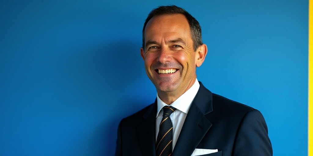 a man in a suit and tie is smiling for a picture with a blue background and a yellow border, Edward