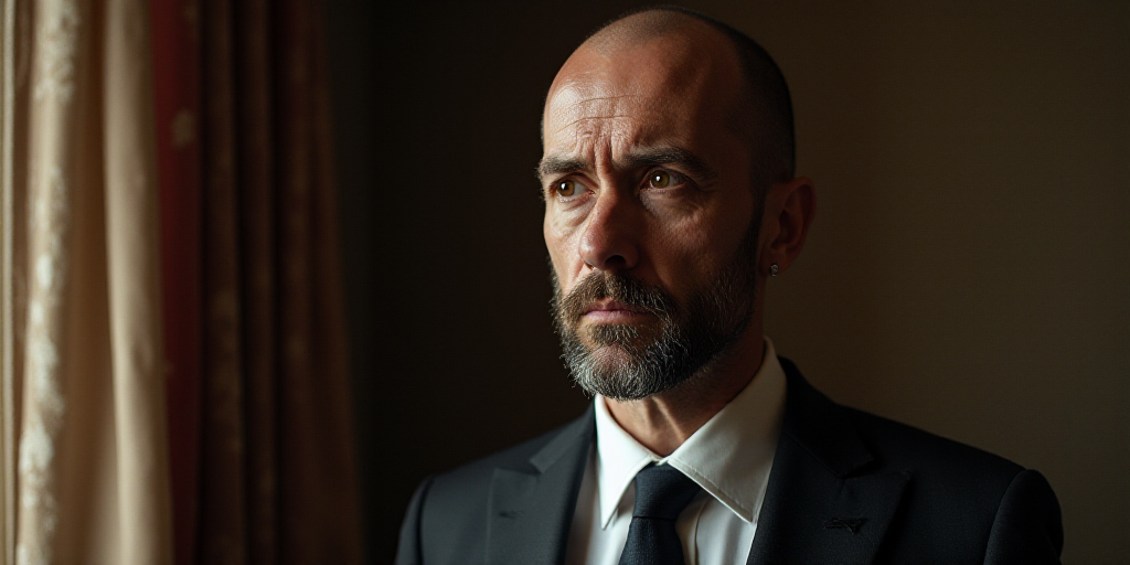 a man in a suit and tie looking at something off camera with a serious look on his face and a curtai