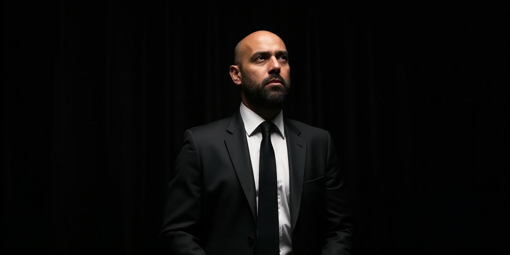 a man in a suit and tie looking off into the distance with a black background behind him and a black