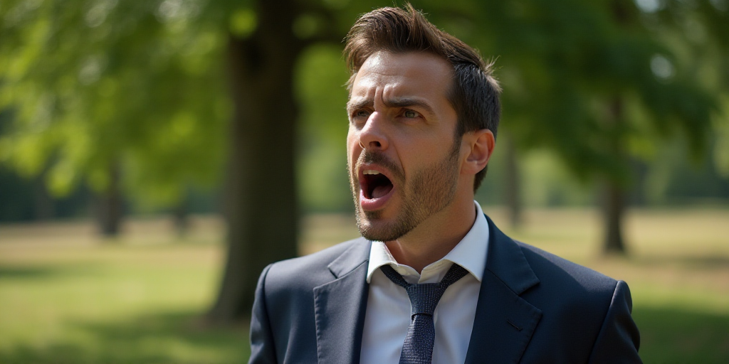 a man in a suit and tie making a face with his mouth open and a tree in the background, Clovis Troui