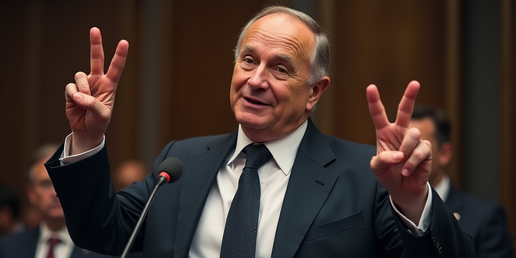 a man in a suit and tie making a peace sign with his hand and a microphone in front of him, Alexey V