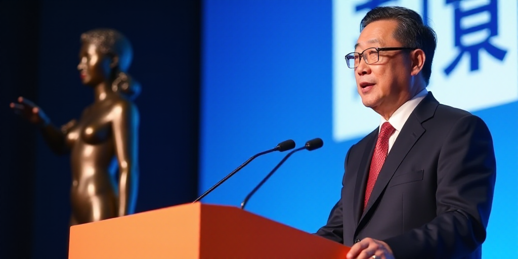 a man in a suit and tie making a speech at a podium with a blue backdrop behind him and a white and
