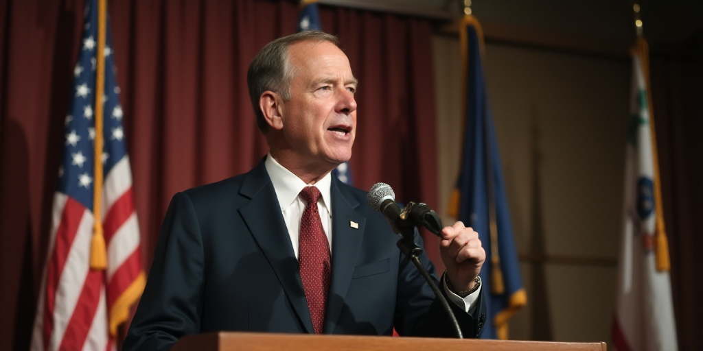 a man in a suit and tie making a speech at a podium with a flag in the background and a microphone i