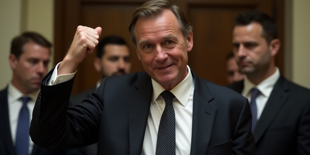a man in a suit and tie raising his fist up in the air with another man in the background, Donald Ro