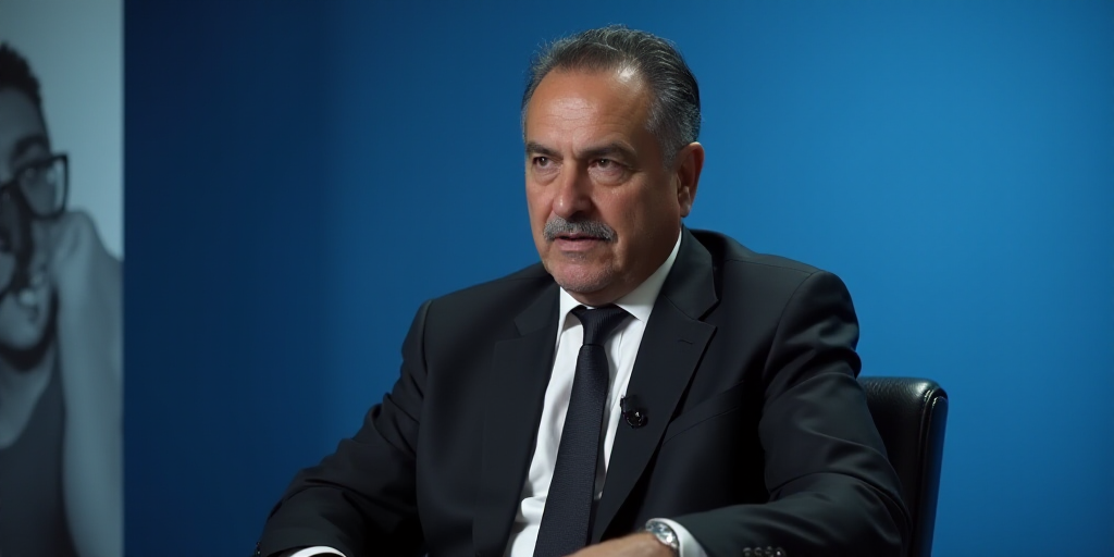 a man in a suit and tie sitting down with a blue background and a black and white photo of him, Cán