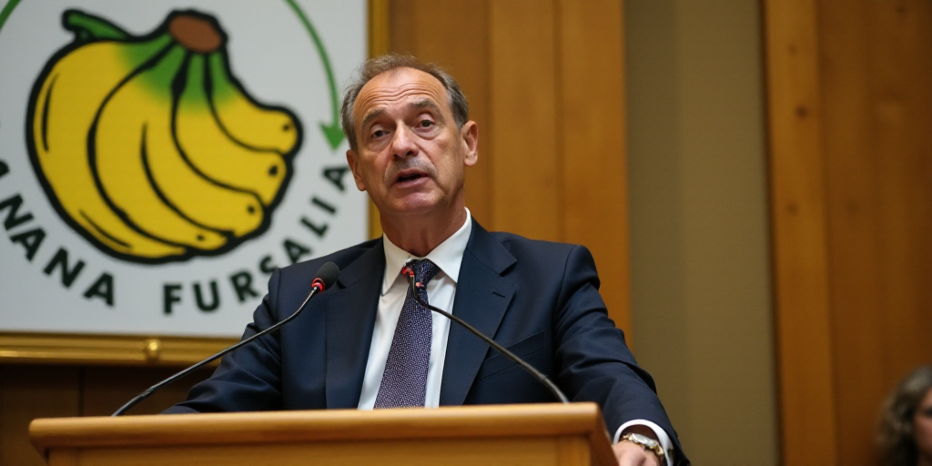 a man in a suit and tie sitting at a podium with a microphone in front of him and a banana company s
