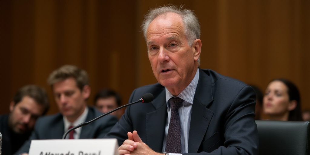 a man in a suit and tie sitting in front of a microphone with other people behind him in a courtroom