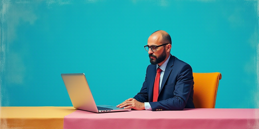 a man in a suit and tie sitting at a table with a laptop computer in front of him and a blue backgro