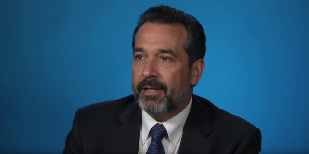 a man in a suit and tie sitting down with a blue background and a black and white photo of him, Cán