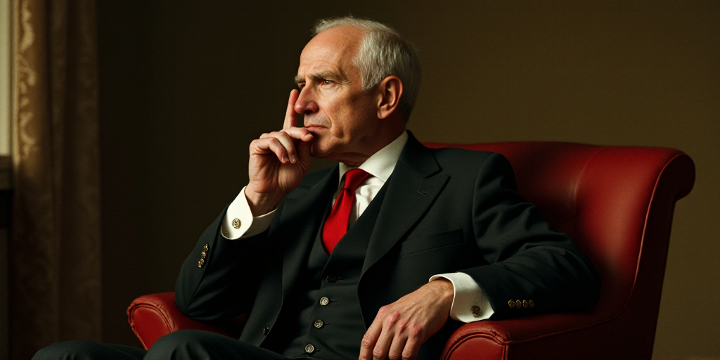 a man in a suit and tie sitting down with a finger up to his mouth and a finger in his other hand, D