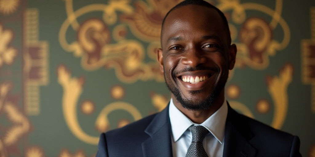 a man in a suit and tie smiling for a picture in front of a wall with a pattern on it, Bruce Onobrak