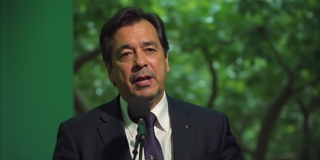 a man in a suit and tie speaking into a microphone with a green background and a blurry image of tre