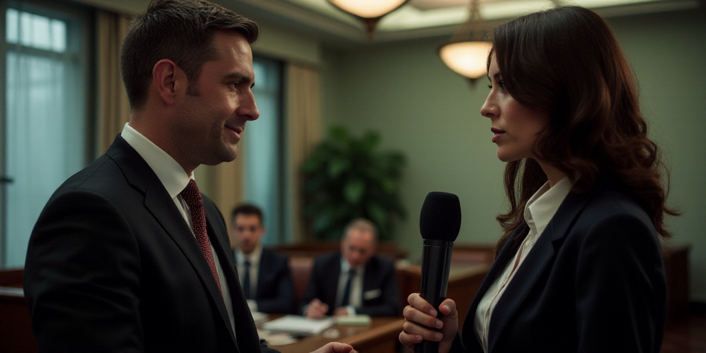 a man in a suit and tie speaking to a microphone while holding a cell phone in his hand and a woman