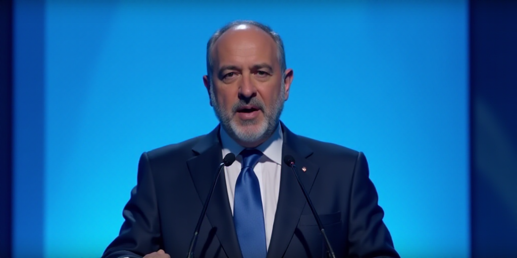 a man in a suit and tie speaking into a microphone at a podium with a blue background and a blue scr
