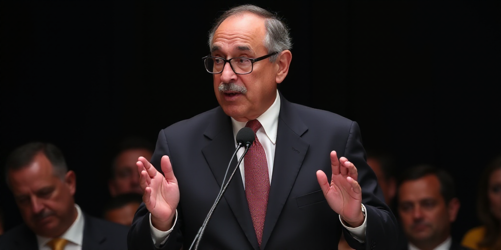 a man in a suit and tie speaking into a microphone with his hands out in front of him and a micropho