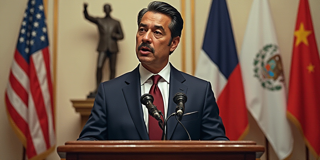 a man in a suit and tie speaking at a podium with flags behind him and a statue behind him, Carlos F