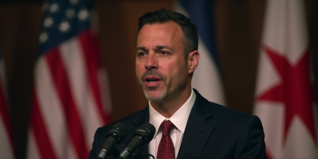 a man in a suit and tie speaking into a microphone in front of flags and a microphone stand with a m