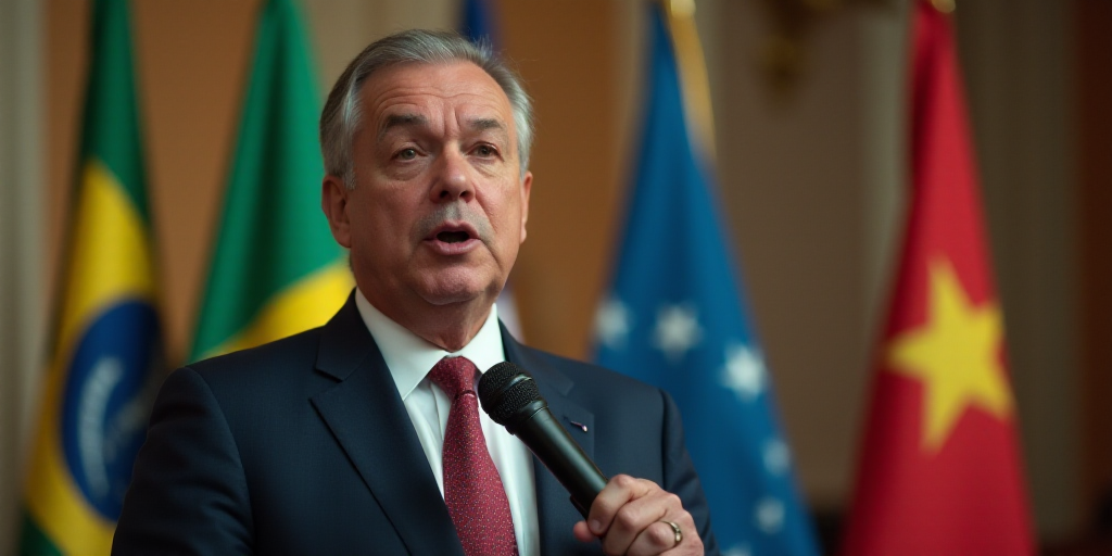 a man in a suit and tie speaking into a microphone with flags behind him and a microphone in front o