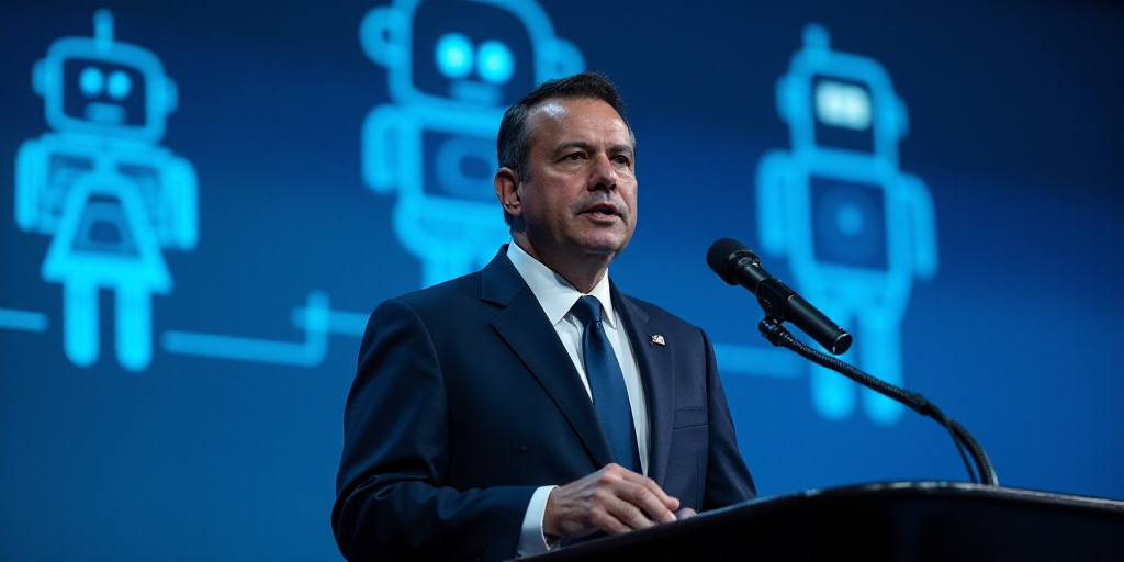 a man in a suit and tie speaking into a microphone at a conference hall with a blue background and a