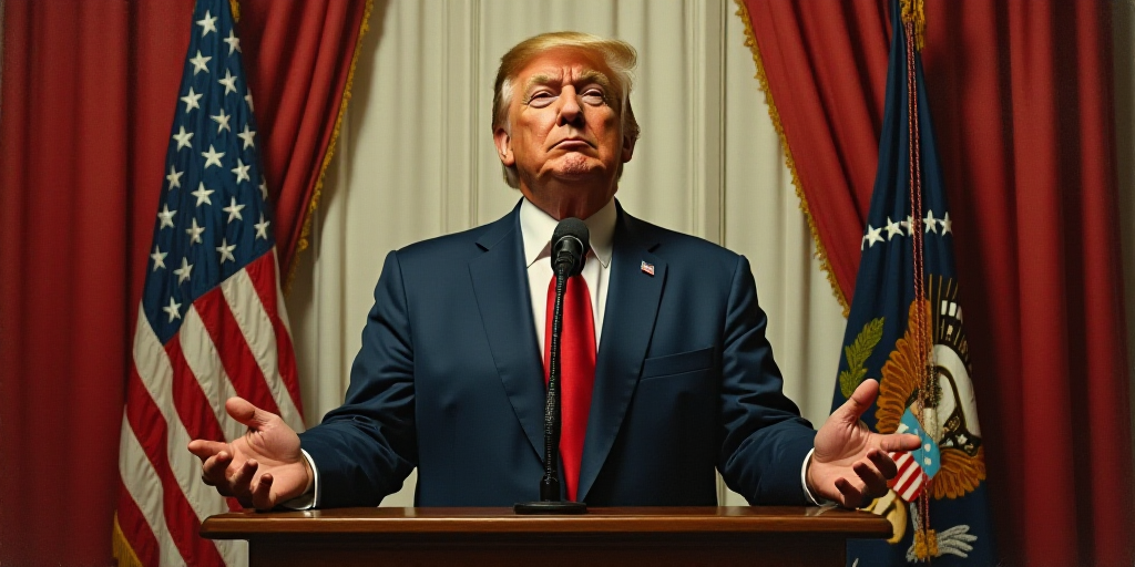 a man in a suit and tie standing in front of a microphone with a picture of president donald trump b