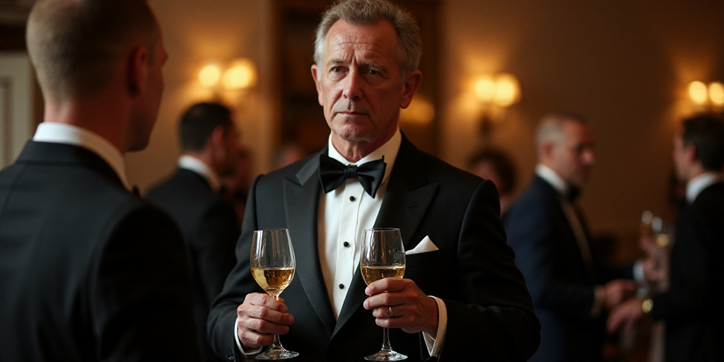 a man in a suit and tie standing in a room with other people and holding wine glasses in his hands,