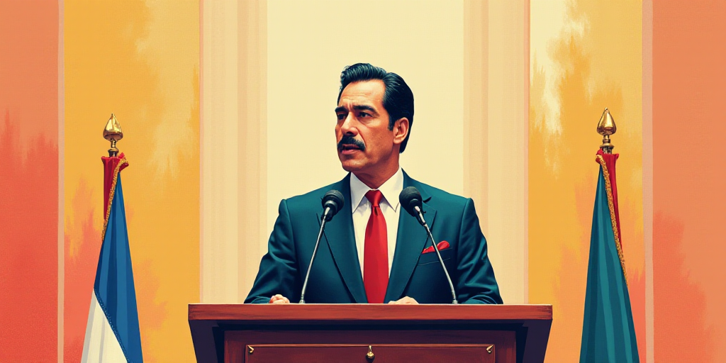 a man in a suit and tie standing at a podium with a microphone in front of him and a flag behind him
