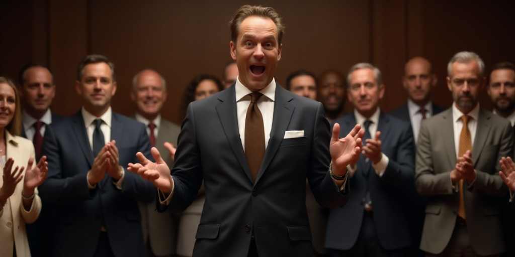 a man in a suit and tie standing in a room with other people clapping and clapping hands in front of