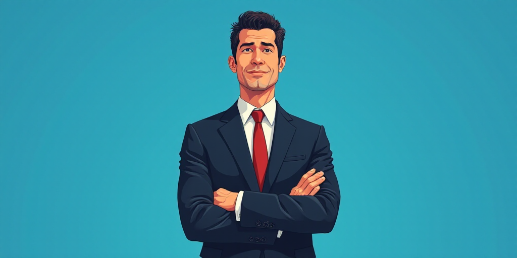 a man in a suit and tie standing with his arms crossed in front of him, with a blue background, Carl