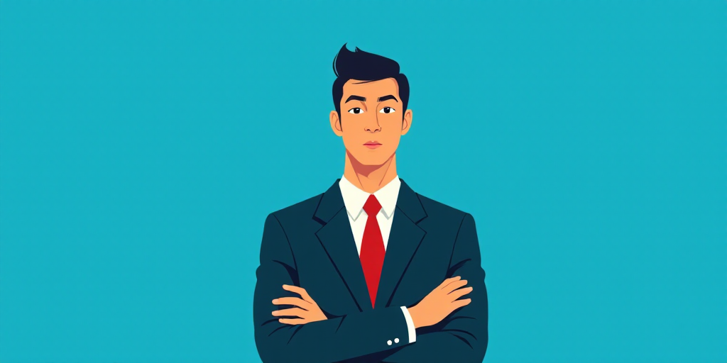 a man in a suit and tie standing with his arms crossed in front of him, with a blue background, Carl