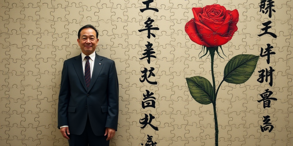 a man in a suit and tie standing in front of a wall with chinese writing on it and a red rose, Baiō