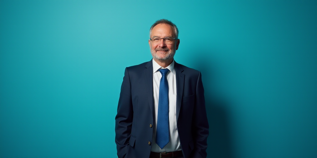 a man in a suit and tie standing in front of a blue background with a caption that reads demeterio s