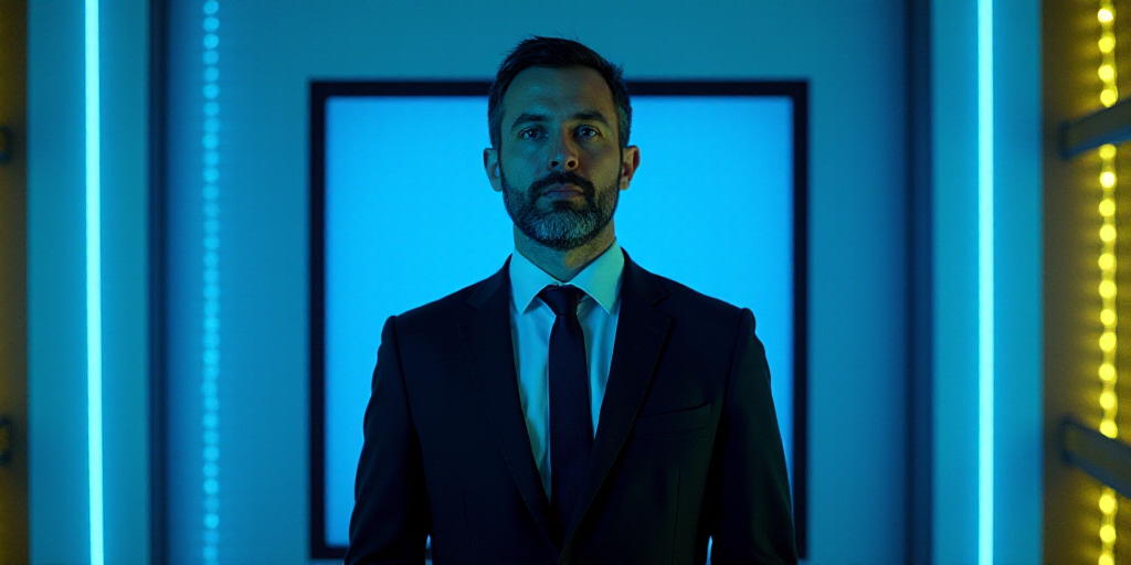 a man in a suit and tie standing in front of a blue background with a black and yellow border, Eduar