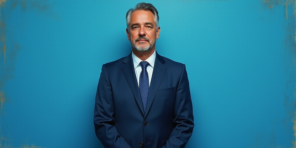 a man in a suit and tie standing in front of a blue background with a caption that reads, louis migu