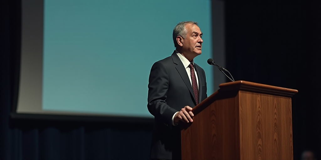 a man in a suit and tie standing at a podium with a microphone in front of him and a screen behind h