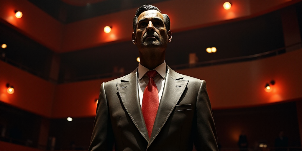 a man in a suit and tie standing in front of a stage with lights on it and a red tie, Donald Roller