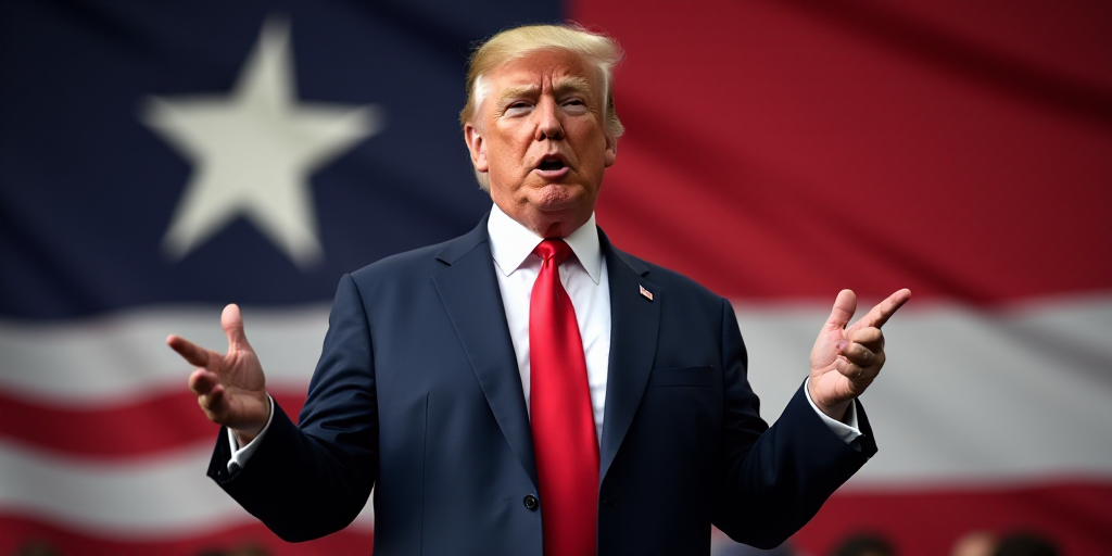 a man in a suit and tie standing in front of a flag with his hands out and pointing at something, Do